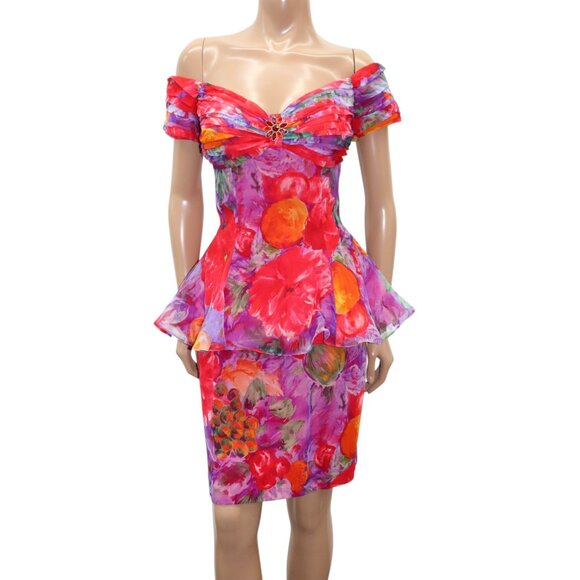 VINTAGE Vibrant Off-Shoulder Floral Peplum Cocktail Dress Sweetheart Neckline S - Picture 2 of 8